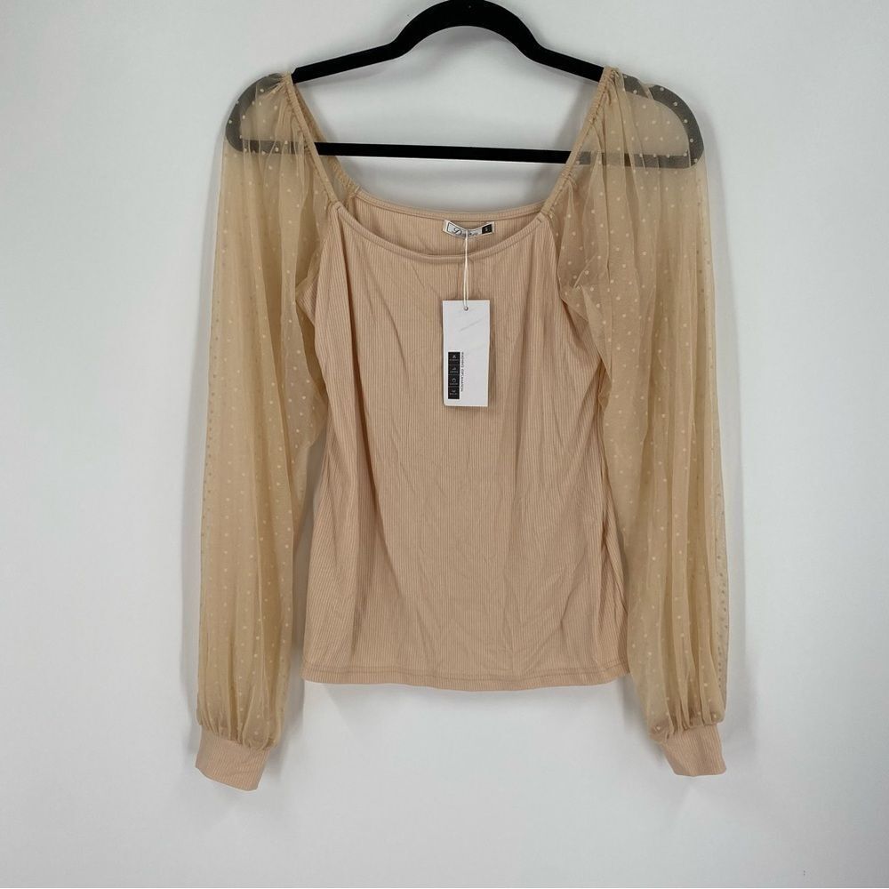 DoRose Tan Sheer Long Sleeve Fitted Blouse size S